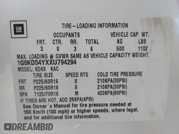 1999 Cadillac DeVille z VIN 1G6KD54YXXU794294, wystawiony jako IAAI lot #42141931 z przebiegiem 161 408 mil mil oraz . Historia ofert i sprzedaży dostępna na DreamBid. Obrazek 9.