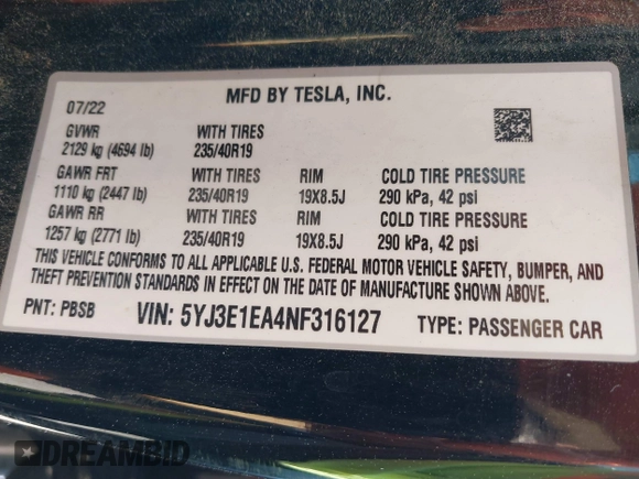 2022 Tesla Model 3 with VIN 5YJ3E1EA4NF316127, listed as a IAAI auction lot 41939191 with 30,857 mi miles. Bid and sale history available at carsss.com. Image 9.