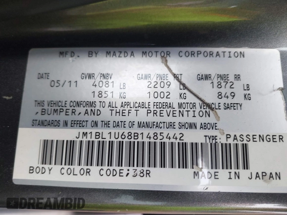 2011 Mazda 3 S Sport with VIN JM1BL1U68B1485442, listed as a IAAI auction lot 42207770 with 125,447 mi miles and . Bid and sale history available at carsss.com. Image 9.