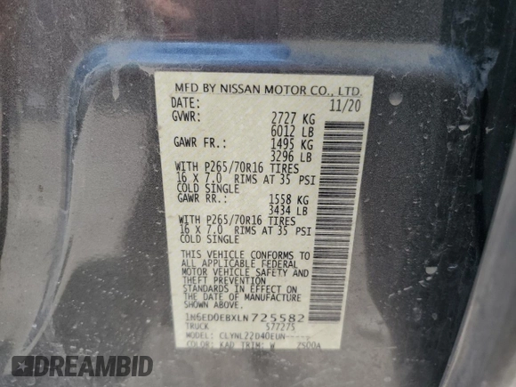 2020 Nissan Frontier SV with VIN 1N6ED0EBXLN725582, listed as a Copart auction lot 62506715 with 48,593 mi miles and Salvage title. Bid and sale history available at DreamBid. Image 12.
