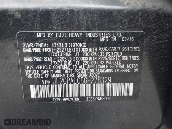 2016 Subaru Crosstrek Limited with VIN JF2GPALC5GH278329, listed as a IAAI auction lot 42493341 with 146,301 mi miles and . Bid and sale history available at DreamBid. Image 9.