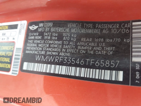 2006 MINI Convertible with VIN WMWRF33546TF65857, listed as a IAAI auction lot 41814032 with 91,736 mi miles and . Bid and sale history available at DreamBid. Image 9.