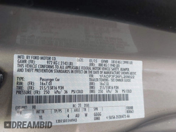 2015 Ford Focus SE с VIN 1FADP3F26FL209022, выставлен на аукционе IAAI как лот 42070713 с пробегом 31 908 миль миль и . История ставок и продаж доступна на DreamBid. Изображение 9.