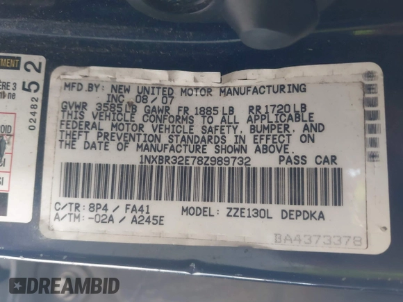 2008 Toyota Corolla CE with VIN 1NXBR32E78Z989732, listed as a IAAI auction lot 40940274 with 204,366 mi miles and . Bid and sale history available at DreamBid. Image 9.