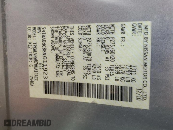 2011 Nissan Armada Platinum z VIN 5N1BA0NC8BN611923, wystawiony jako Copart lot #53615205 z przebiegiem 218 103 mil mil oraz Szkoda całkowita • Salvage title. Historia ofert i sprzedaży dostępna na DreamBid. Obrazek 12.