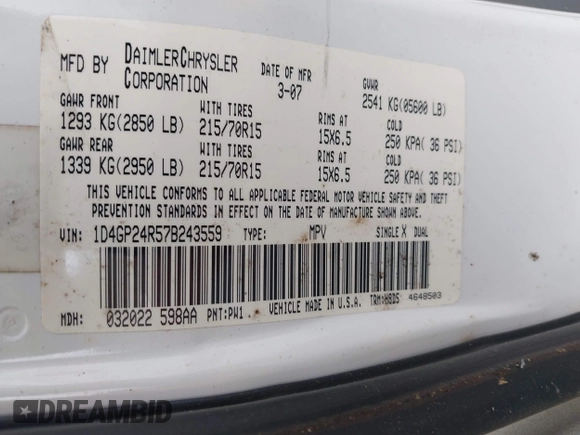 2007 Dodge Grand Caravan SE z VIN 1D4GP24R57B243559, wystawiony jako IAAI lot #42326308 z przebiegiem 151 833 mil mil oraz . Historia ofert i sprzedaży dostępna na DreamBid. Obrazek 9.