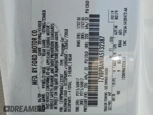 2010 Ford Mustang V6 with VIN 1ZVBP8AN8A5132387, listed as a Copart auction lot 52968645 with 127,466 mi miles and Salvage Title. Bid and sale history available at DreamBid. Image 12.