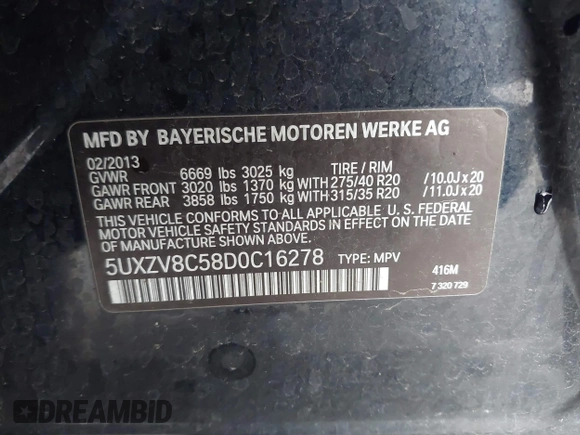 2013 BMW X5 xDrive50i with VIN 5UXZV8C58D0C16278, listed as a IAAI auction lot 41777496 with 138,547 mi miles and . Bid and sale history available at DreamBid. Image 9.
