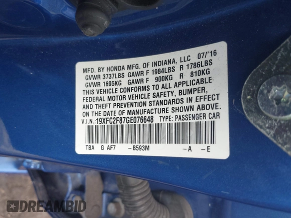 2016 Honda Civic Sedan EX with VIN 19XFC2F87GE076648, listed as a IAAI auction lot 41797654 with 111,132 mi miles. Bid and sale history available at carsss.com. Image 9.