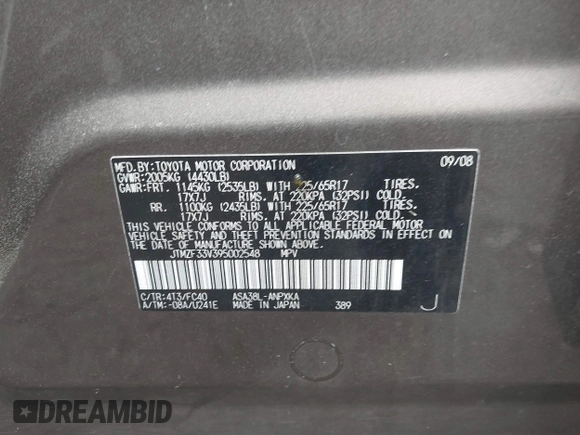 2009 Toyota RAV4 with VIN JTMZF33V395002548, listed as a IAAI auction lot 41928255 with 136,161 mi miles. Bid and sale history available at carsss.com. Image 9.
