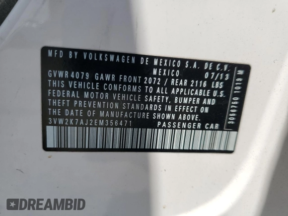 2014 Volkswagen Jetta S with VIN 3VW2K7AJ2EM356471, listed as a Copart auction lot 60475395 with 147,201 mi miles and Clean title. Bid and sale history available at DreamBid. Image 12.
