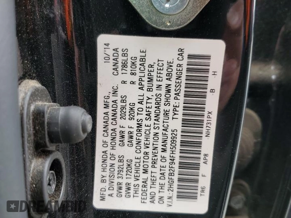2015 Honda Civic Sedan EX-L with VIN 2HGFB2F94FH509925, listed as a Copart auction lot 50132725 with 243,146 mi miles and Salvage Title. Bid and sale history available at carsss.com. Image 12.