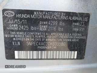 2012 Hyundai Sonata 2.4L Limited PZEV with VIN 5NPEC4AC2CH333580, listed as a IAAI auction lot 42024064 with 155,909 mi miles. Bid and sale history available at carsss.com. Image 9.