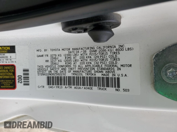 2008 Toyota Tacoma with VIN 5TENX22N08Z582232, listed as a Copart auction lot 53249245 with 202,756 mi miles and Salvage Title. Bid and sale history available at carsss.com. Image 13.