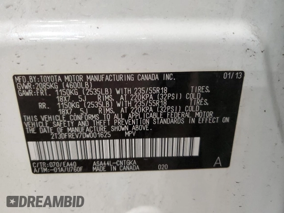 2013 Toyota RAV4 Limited with VIN 2T3DFREV7DW001625, listed as a Copart auction lot 52610955 with 152,405 mi miles and Salvage Title. Bid and sale history available at DreamBid. Image 14.