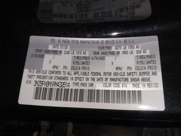 2024 Mazda 3 S Select Sport z VIN 3MZBPABMXRM432614, wystawiony jako IAAI lot #41654313 z przebiegiem Nie podano mil oraz . Historia ofert i sprzedaży dostępna na DreamBid. Obrazek 9.