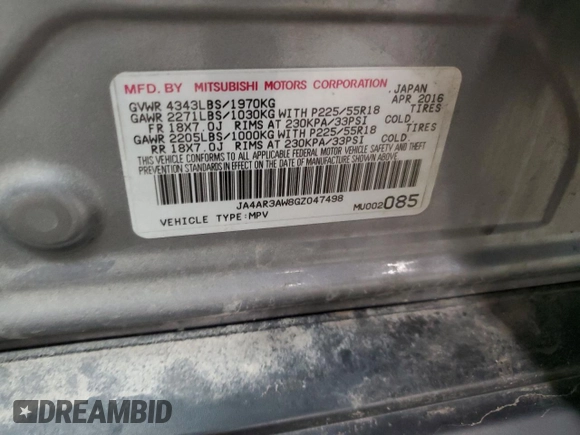 2016 Mitsubishi Outlander Sport 2.4 ES with VIN JA4AR3AW8GZ047498, listed as a Copart auction lot 50261675 with 167,598 mi miles and Salvage Title. Bid and sale history available at carsss.com. Image 13.