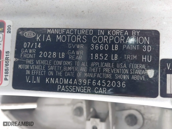 2015 Kia Rio LX with VIN KNADM4A39F6452036, listed as a IAAI auction lot 41516879 with 95,775 mi miles. Bid and sale history available at carsss.com. Image 9.