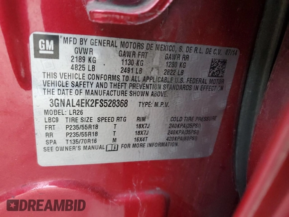 2015 Chevrolet Captiva Sport LTZ with VIN 3GNAL4EK2FS528368, listed as a Copart auction lot 49116245 with 165,587 mi miles and Salvage Title. Bid and sale history available at DreamBid. Image 13.
