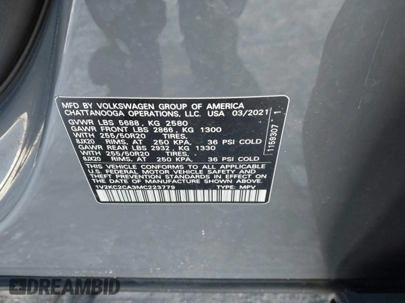 2021 Volkswagen Atlas SE with VIN 1V2KC2CA3MC223779, listed as a IAAI auction lot 41359090 with 45,426 mi miles and . Bid and sale history available at DreamBid. Image 9.