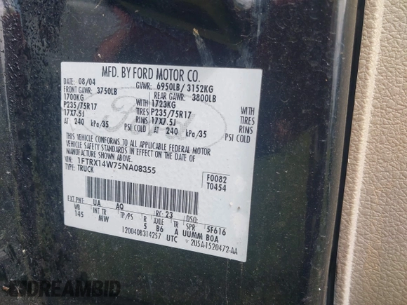 2005 Ford F-150 STX with VIN 1FTRX14W75NA08355, listed as a IAAI auction lot 42634298 with 229,704 mi miles and . Bid and sale history available at DreamBid. Image 9.