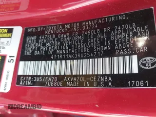2024 Toyota Camry LE z VIN 4T1R11AK3RU254717, wystawiony jako IAAI lot #41709040 z przebiegiem 11 338 mil mil oraz . Historia ofert i sprzedaży dostępna na DreamBid. Obrazek 9.
