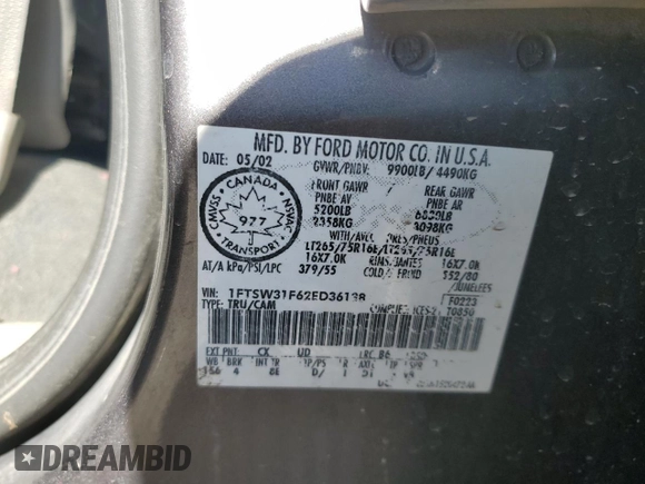 2002 Ford F-350 XL с VIN 1FTSW31F62ED36138, выставлен на аукционе Copart как лот 48914445 с пробегом 168 537 миль миль и Списание • Salvage title. История ставок и продаж доступна на DreamBid. Изображение 12.