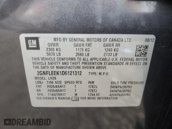 2013 Chevrolet Equinox LT with VIN 2GNFLEEK1D6121312, listed as a Copart auction lot 54044815 with 96,411 mi miles and Salvage Title. Bid and sale history available at DreamBid. Image 13.