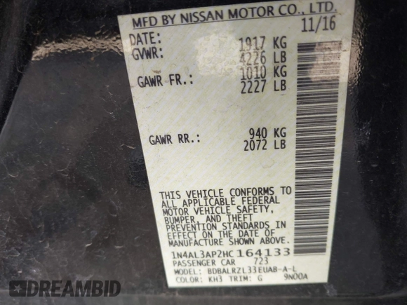 2017 Nissan Altima SV with VIN 1N4AL3AP2HC164133, listed as a IAAI auction lot 41626455 with 161,772 mi miles and . Bid and sale history available at DreamBid. Image 9.