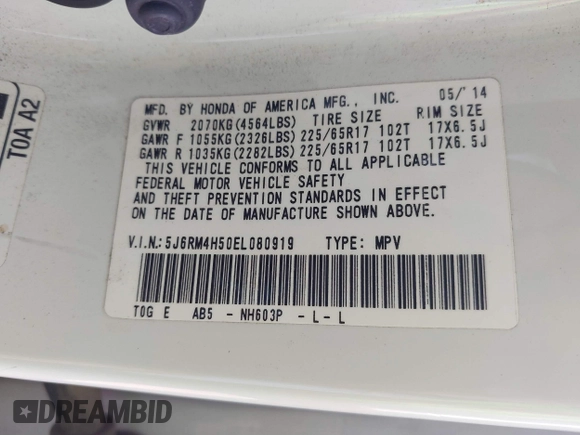 2014 Honda CR-V EX with VIN 5J6RM4H50EL080919, listed as a IAAI auction lot 41867088 with 132,225 mi miles. Bid and sale history available at carsss.com. Image 9.