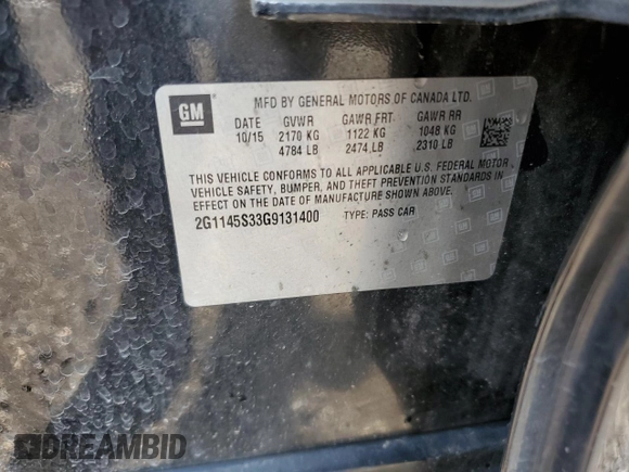 2016 Chevrolet Impala LTZ with VIN 2G1145S33G9131400, listed as a Copart auction lot 61846385 with Not provided miles and Salvage title. Bid and sale history available at DreamBid. Image 12.