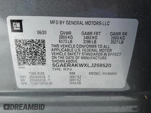 2020 Buick Enclave Preferred with VIN 5GAERAKWXLJ259520, listed as a Copart auction lot 88271995 with 65,262 mi miles and Salvage Title. Bid and sale history available at carsss.com. Image 13.