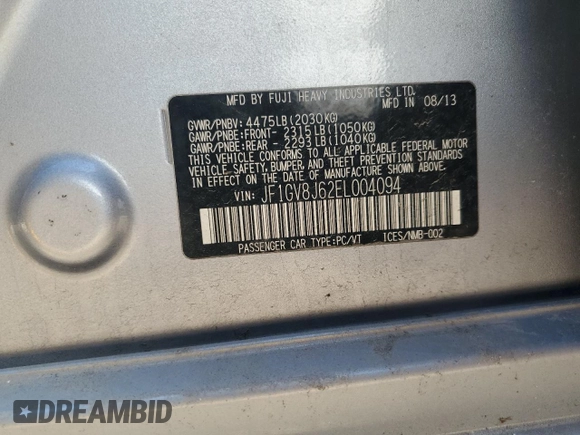 2014 Subaru WRX WRX STI with VIN JF1GV8J62EL004094, listed as a Copart auction lot 60059575 with 120,535 mi miles and Clean title. Bid and sale history available at DreamBid. Image 12.