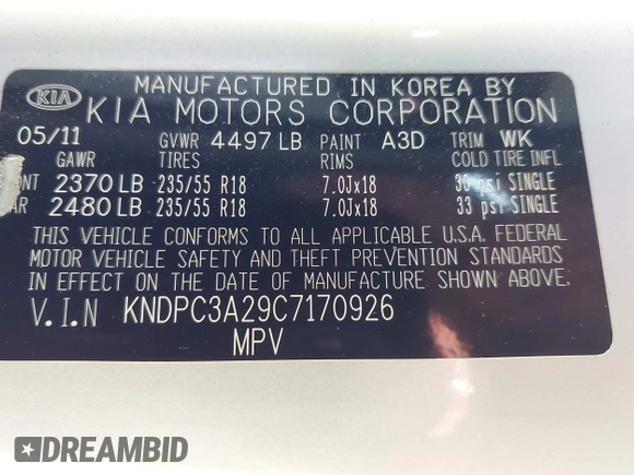 2012 Kia Sportage EX with VIN KNDPC3A29C7170926, listed as a IAAI auction lot 42561280 with 280,905 mi miles and . Bid and sale history available at DreamBid. Image 9.