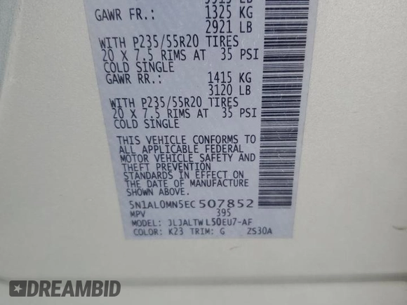 2014 Infiniti QX60 with VIN 5N1AL0MN5EC507852, listed as a Copart auction lot 59097645 with 204,851 mi miles and Salvage title. Bid and sale history available at DreamBid. Image 13.