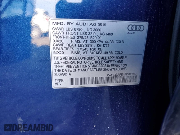 2015 Audi Q7 3.0T Premium Plus with VIN WA1LGAFE4FD027621, listed as a Copart auction lot 72952952 with 74,810 mi miles. Bid and sale history available at carsss.com. Image 13.