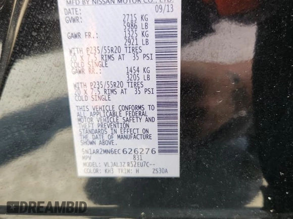 2014 Nissan Pathfinder Platinum with VIN 5N1AR2MN6EC626276, listed as a Copart auction lot 62007155 with Not provided miles and Salvage title. Bid and sale history available at DreamBid. Image 12.