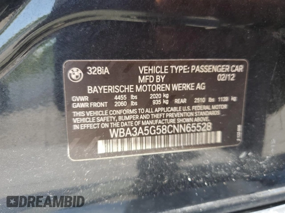2012 BMW 3 Series 328i z VIN WBA3A5G58CNN65528, wystawiony jako Copart lot #60551705 z przebiegiem 102 630 mil mil oraz Szkoda całkowita • Salvage title. Historia ofert i sprzedaży dostępna na DreamBid. Obrazek 12.