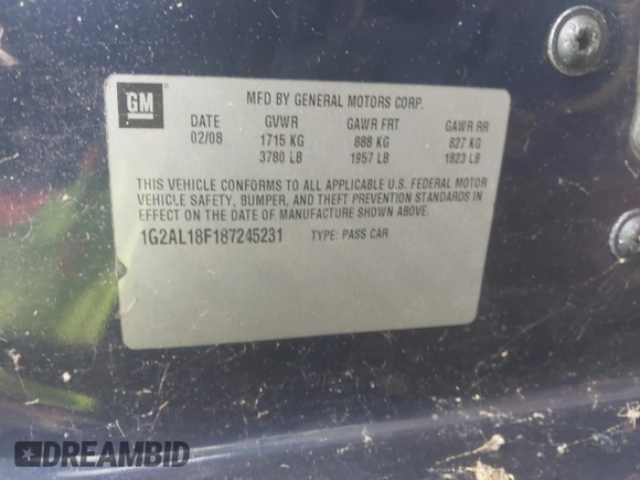 2008 Pontiac G5 z VIN 1G2AL18F187245231, wystawiony jako IAAI lot #42294288 z przebiegiem 154 967 mil mil oraz . Historia ofert i sprzedaży dostępna na DreamBid. Obrazek 9.