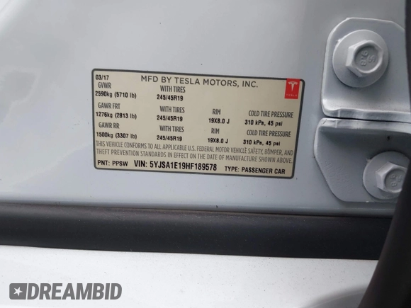 2017 Tesla Model S 60 with VIN 5YJSA1E19HF189578, listed as a IAAI auction lot 42374977 with 40,844 mi miles and . Bid and sale history available at DreamBid. Image 9.