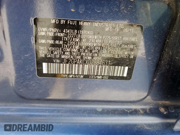 2013 Subaru Crosstrek Limited with VIN JF2GPAKCXD2884631, listed as a Copart auction lot 60844695 with 94,116 mi miles and Salvage title. Bid and sale history available at DreamBid. Image 13.