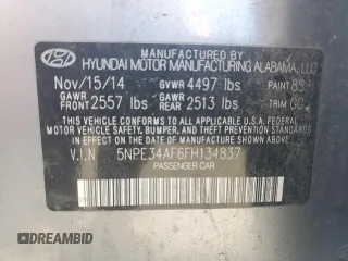 2015 Hyundai Sonata Limited with VIN 5NPE34AF6FH134837, listed as a Copart auction lot 52138205 with Not Provided miles and Clean Title. Bid and sale history available at carsss.com. Image 12.