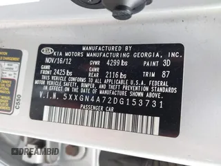 2013 Kia Optima EX with VIN 5XXGN4A72DG153731, listed as a IAAI auction lot 42079123 with 137,081 mi miles. Bid and sale history available at carsss.com. Image 9.