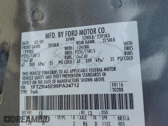 2009 Ford Ranger XLT with VIN 1FTZR45E99PA34712, listed as a Copart auction lot 60930805 with 141,926 mi miles and Clean title. Bid and sale history available at DreamBid. Image 12.