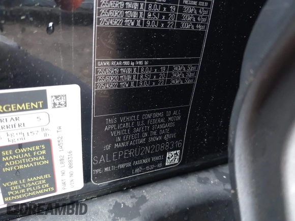 2022 Land Rover Defender SE z VIN SALEPERU2N2088316, wystawiony jako IAAI lot #42151109 z przebiegiem 26 438 mil mil oraz . Historia ofert i sprzedaży dostępna na DreamBid. Obrazek 9.