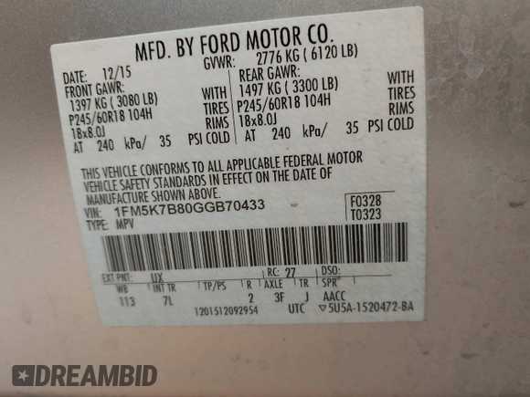 2016 Ford Explorer with VIN 1FM5K7B80GGB70433, listed as a IAAI auction lot 41938568 with 66,472 mi miles and . Bid and sale history available at DreamBid. Image 9.