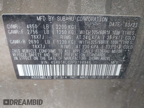 2023 Subaru Outback Onyx with VIN 4S4BTALC7P3194946, listed as a IAAI auction lot 41788572 with 17,943 mi miles and . Bid and sale history available at DreamBid. Image 9.