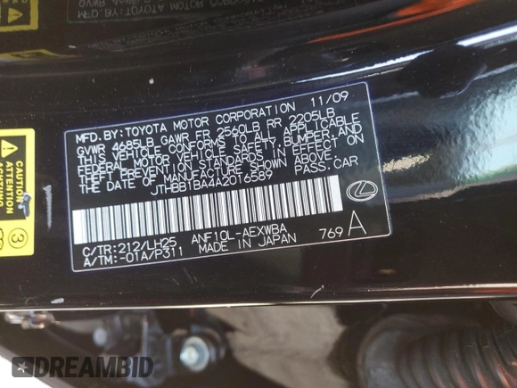 2010 Lexus HS with VIN JTHBB1BA4A2016589, listed as a Copart auction lot 78937444 with 160,236 mi miles and Clean Title. Bid and sale history available at carsss.com. Image 12.