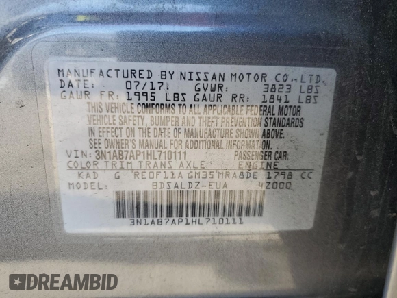2017 Nissan Sentra SV with VIN 3N1AB7AP1HL710111, listed as a Copart auction lot 52864295 with 172,027 mi miles and Salvage Title. Bid and sale history available at carsss.com. Image 12.