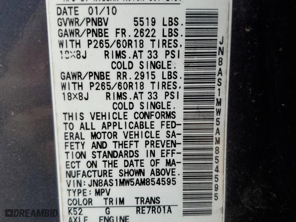 2010 Infiniti FX35 with VIN JN8AS1MW5AM854595, listed as a Copart auction lot 43969035 with 0 mi miles and Salvage Title. Bid and sale history available at carsss.com. Image 15.